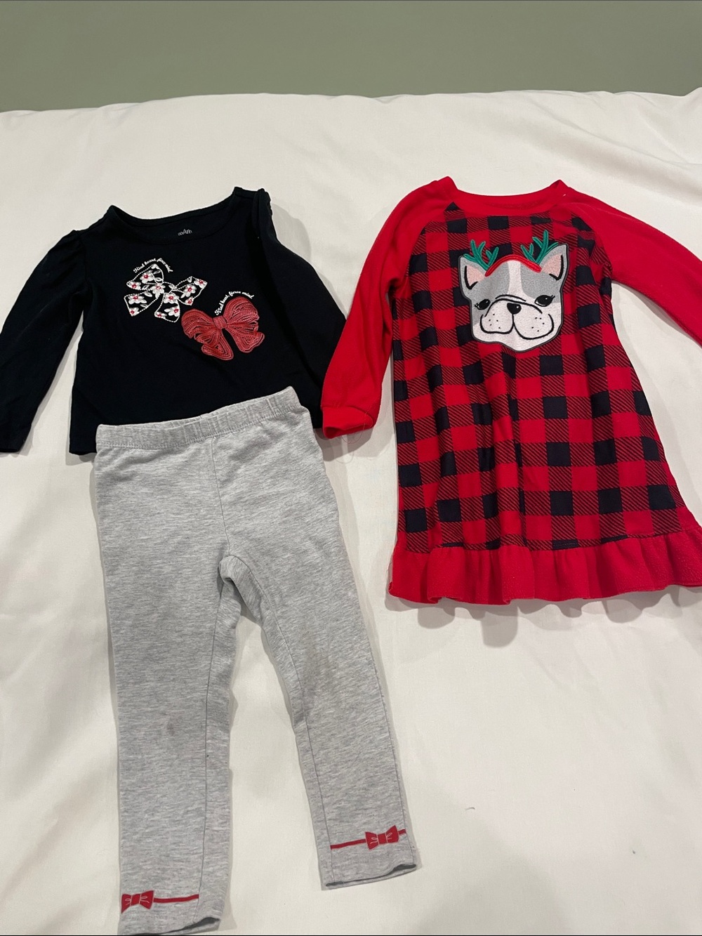 Red Buffalo Plaid Holiday Pajama Dress with Black Top & Gray Leggings Set